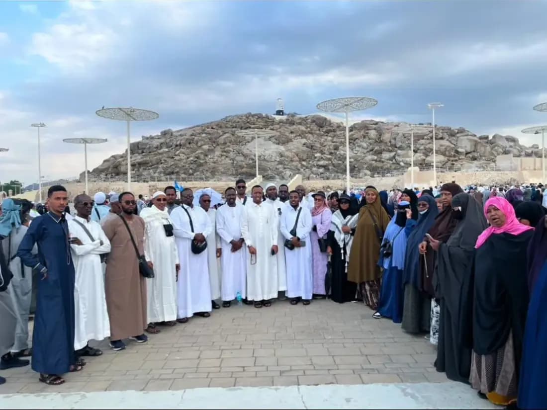 An STS pilgrim group gathered on ziyarah in Saudi Arabia