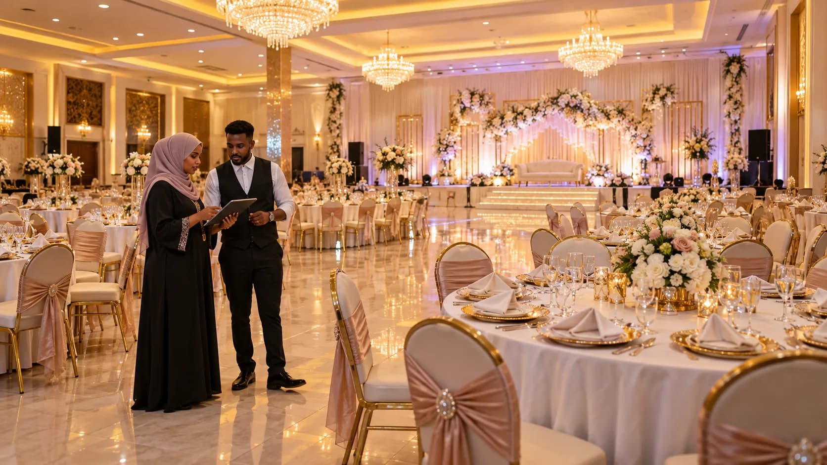 An event hall set for a wedding, with staff checking the layout